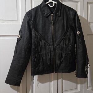 Diamond Plate Genuine Leather Biker Fringe Leather Jacket Motorcycle Womens LRGE